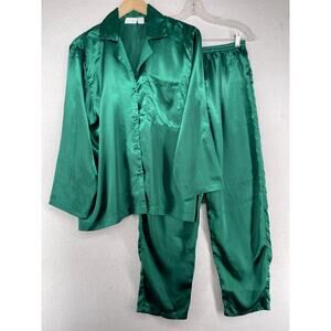 FANTASIES Pajama Set Womens L Satin Button Up Shirt Lounge Pants Green VTG HK